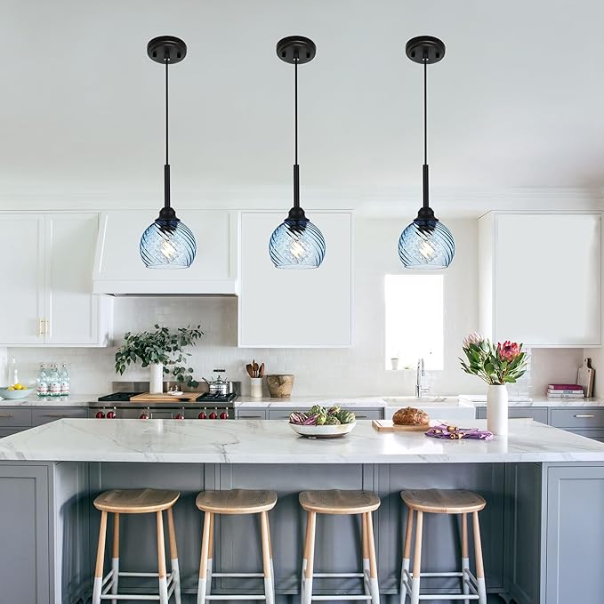 3 Pack Dining Room Light Fixture with Blue Striped Swirl Globe Glass, Stylish Kitchen Island Hanging Pendant Light Black for Bar Hallway Bedroom, 1-Light