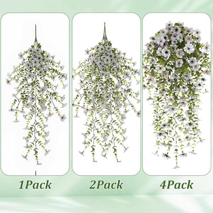 EROCK Artificial Flowers for Outdoors, 4PCS Fake Silk Hanging Flowers for Decoration UV & Fading Resistant, Realistic Faux Plants & Flowers for Porch Patio Balcony Window Box Home Decor (White)