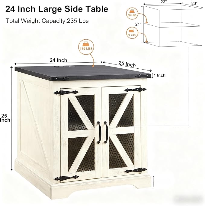 JXQTLINGMU Farmhouse End Table, 24" Large Sofa Side Table with Charging Station, Mesh Barn Door, and Adjustable Storage Shelf, Rustic Wood Square Nightstand for Living Room, Bedroom, Off White