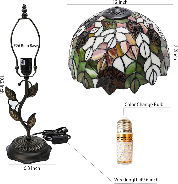 Stained Glass Table Lamp, Maple Leaf Style Metal Leaf Base Desk Reading Light 12X12X19 Inches Decor for Bedroom Living Room Office