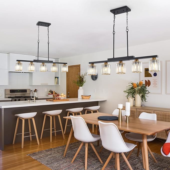 Kitchen Island Light Fixtures ，5 Lights Black and Gold Chandeliers for Dining Room Over Table, Modern Luxury Crystals Pendant Lighting Hanging