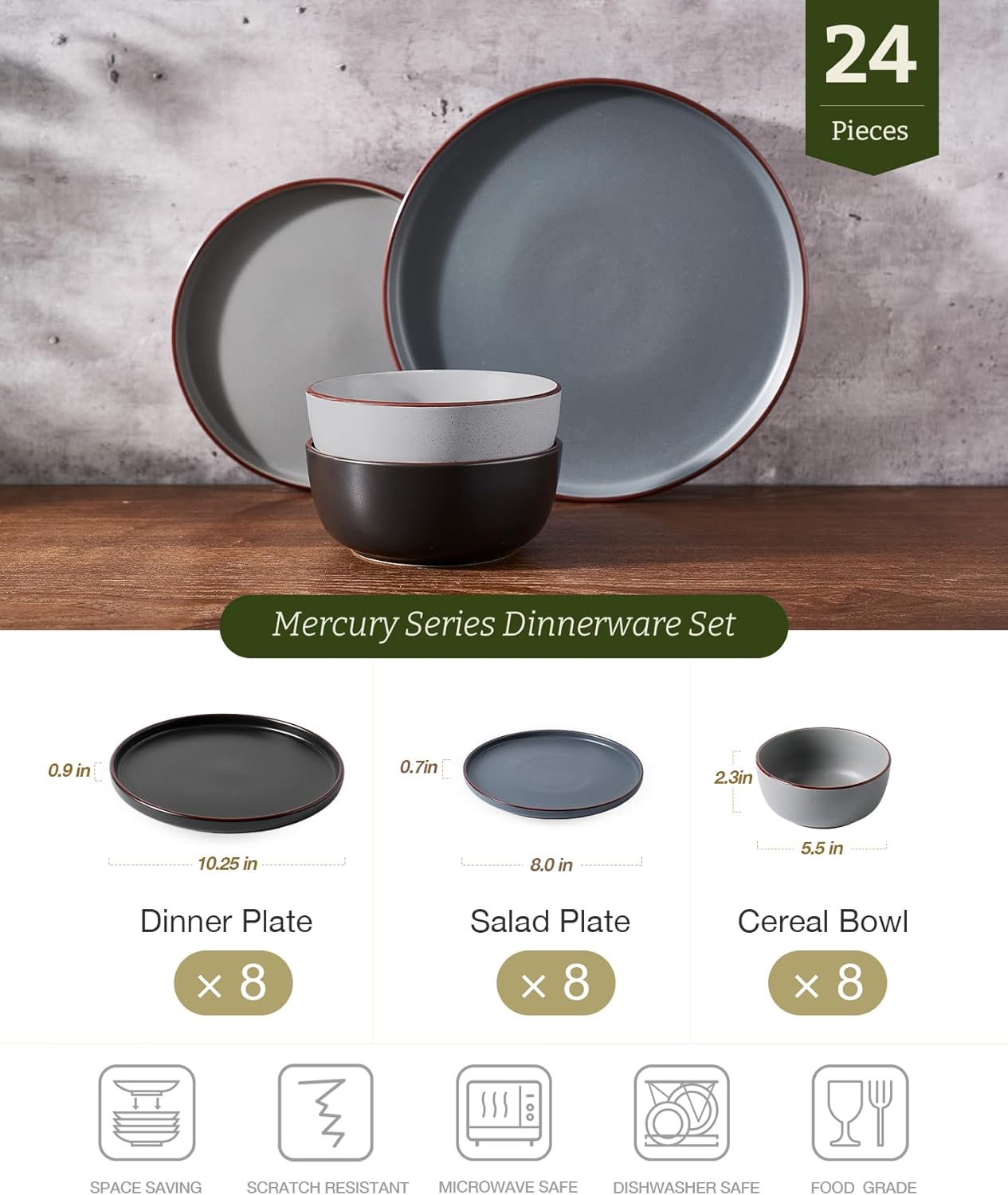 Famiware Mercury 24 Pieces Dinnerware Sets, Plates and Bowls Sets for 8, Microwave and Dishwasher Safe Dish Set, Multi-color