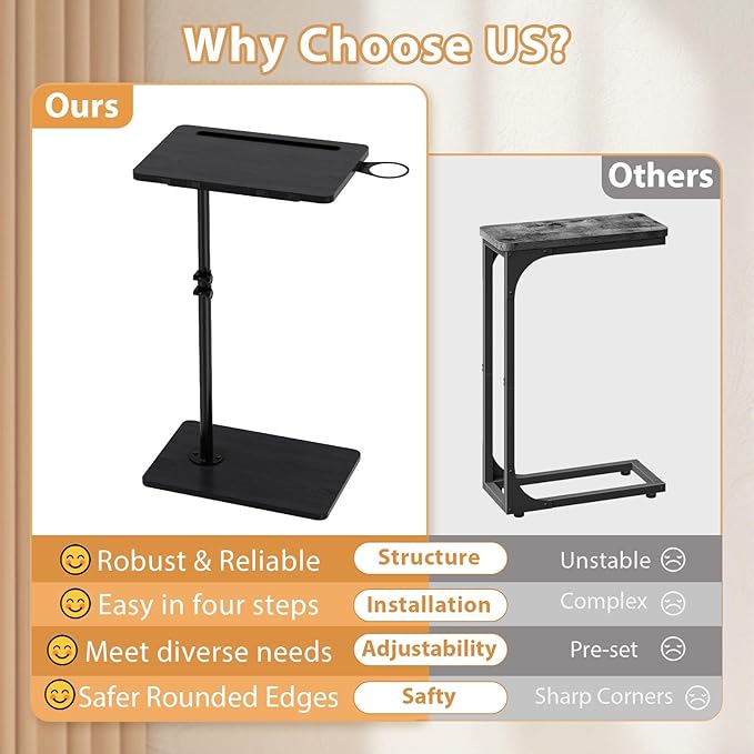 TV Tray Table, Adjustable C Shaped End Table for Couch, 360°Swivel Couch Side Tables That Slide Under Couch Desk Tray Tables for Small Space Sofa Bed Living Room Bedroom Bedroom(Black)