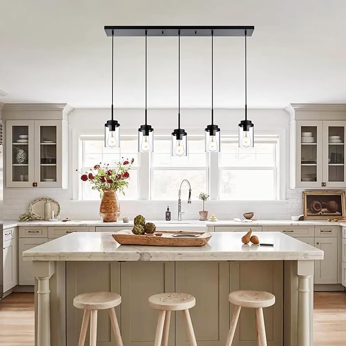 MELUCEE Kitchen Island Lighting Modern 5 Lights Linear Chandeliers for Dining Room, Industrial Black Pendant Light Fixtures Ceiling Hanging with Clear Glass Shade, 37 Inches Length