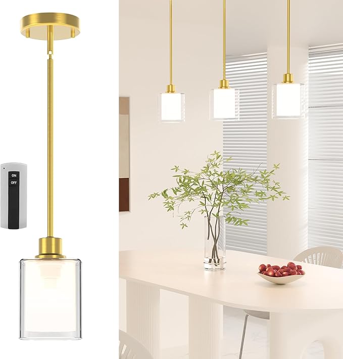 Pendant Light Kitchen Island Lighting, Height Adjuatable Rod Clear Dual Glass - with 3 Color Temperatures Bulb & Remote Control, Farmhouse Hanging Lighting Fixture for Dining Room Bedroom, 1 Pack
