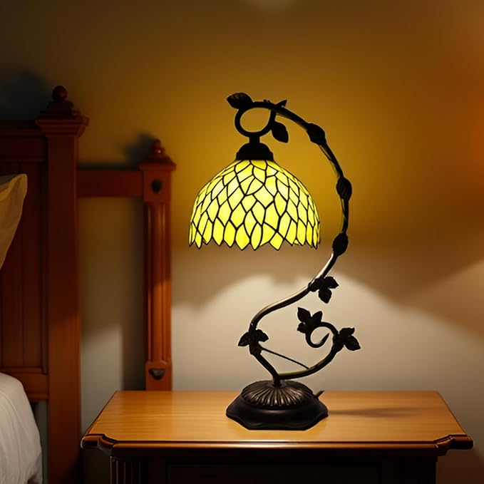 Tiffany Table Lamp, Stained Glass Desk Reading Light,Metal Leaf Table Lamp Base 8X10X21 Inches (Yellow Wisteria)