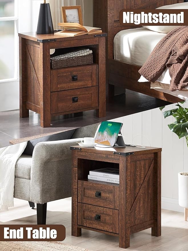 T4TREAM Farmhouse Nightstand Set of 2 with Charging Station, Rustic End Table with 2 Drawers, Storage Open Shelf for Bedroom, Living Room, Wood Side Table, Reclaimed Barnwood