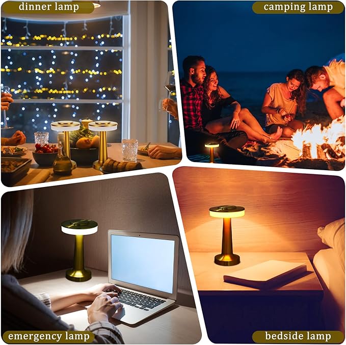 Riakrum 2 Pcs LED Portable Cordless Table Lamp with Touch Sensor 3 Color Stepless Dimming Rechargeable Battery up to 15 Hours Cordless Table Light Wireless Lamp for Nursery (Gold)