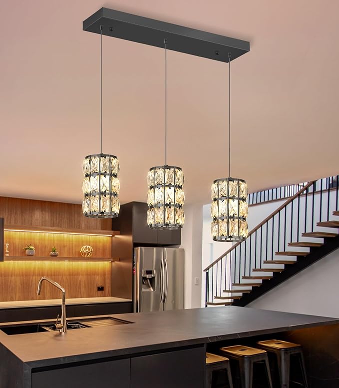 3-Lights Rectangle Modern Crystal Pendant Lights for Kitchen Island LED Dimmable Glam Pendant Lighting Chandelier for Dining Room Hallway Corner Lamp Black