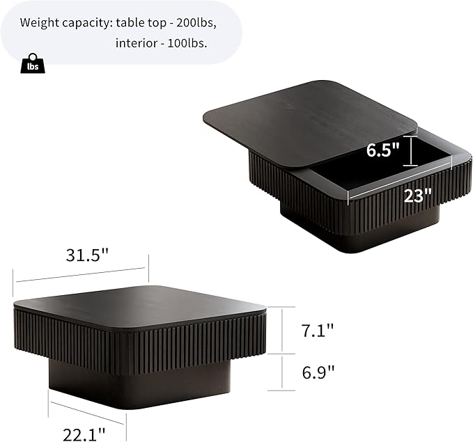 31.5'' Square Coffee Table with Storage, Mid Century Modern Fluted Drum Center Tables with Lid, Solid Wood Modern Coffee Table Accent Tea Table for Living Room, Bedroom, Apartment or Office, Black