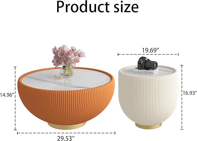 Round Living Room Table Set, 29.53" Orange Drum Center Table and 19.69" White Coffee Table Set, 2 Pieces Coffee Table Set with Sintered Stone Tabletop, Fluted PU Leather Covered and Metal Base