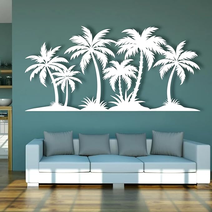Lunwall Metal Palm Tree Wall Art, Tropical Modern, White, 19"L x 9"W / 47 x 23cm, Vertical Wall Mount, Living Room