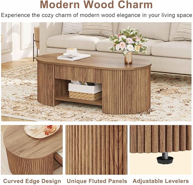 FATORRI Coffee Table for Living Room Storage, Modern Wood Center Table with Drawer, Farmhouse Oval Fluted Living Room Tables with Shelf (Walnut, 43.31 Inch)