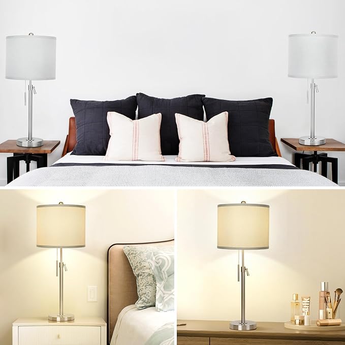 Table Lamps for Bedrooms Set of 2, 22" to 30" Height Adjustable Nightstand Lamps with Linen Shade, Pull Chain Switch Lamps for Living Room, 3 Way Dimmable Beside Lamp