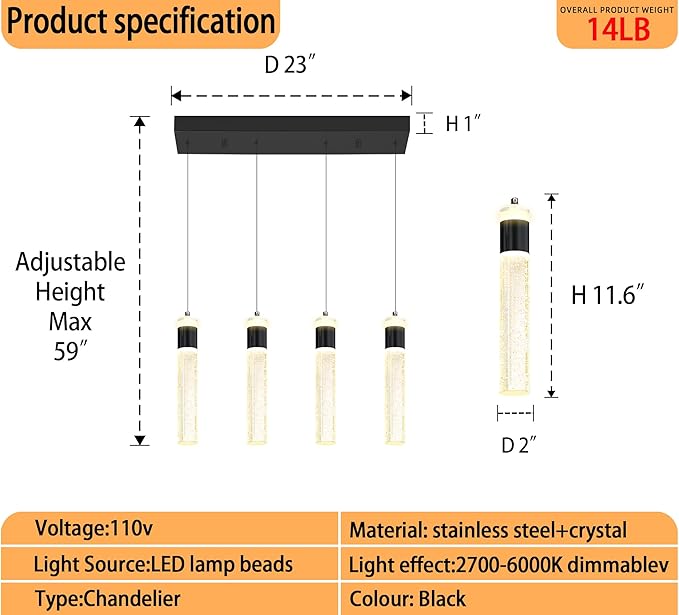 Dimmable 4-Light Pendant Lights Kitchen Island Modern LED Crystal Ceiling Light for Dinning Room Living Room 32W Black