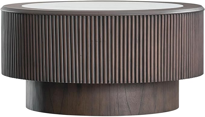 Round Coffee Table with Marble Tabletop for Living Room Mid Century Modern Fluted Circle Coffee Table with Pedestal Wood Center Tables Accent Tea Table for Apartment, 31.5'' Dark Brown