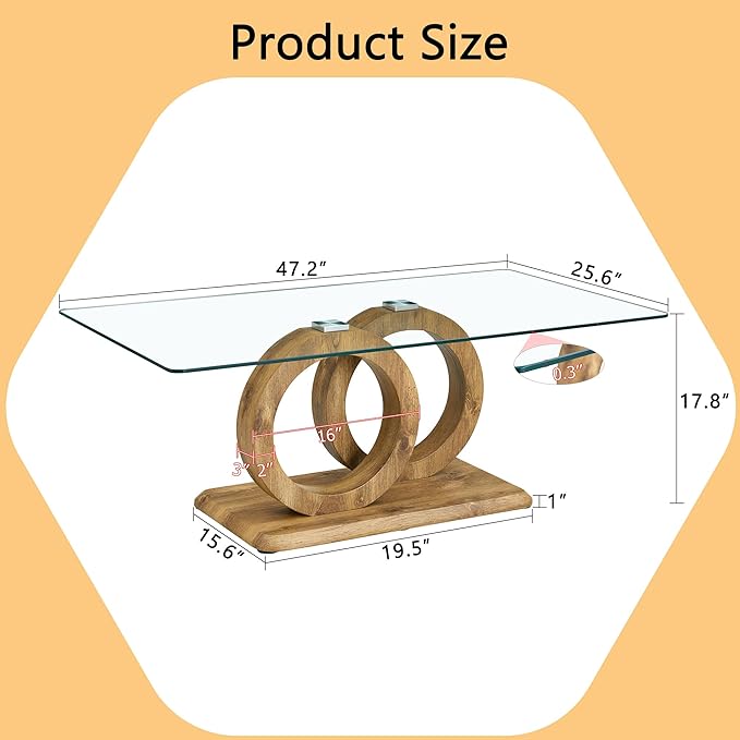 Modern Glass Coffee Table, 47”Rectangular Coffee Table for Living Room, Clear Center Table with Tempered Glass Top and Wood Finish Base