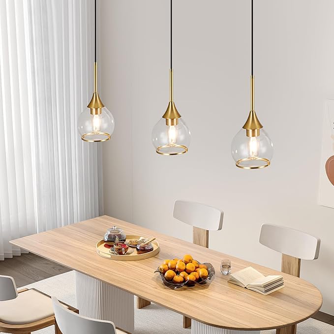 3 Pack Island Light for Kitchen, 1-Light Gold Kitchen Island Hanging Pendant Light, Brushed Gold Dining Room Light Fixture Over Table with Clear Round Glass Shades