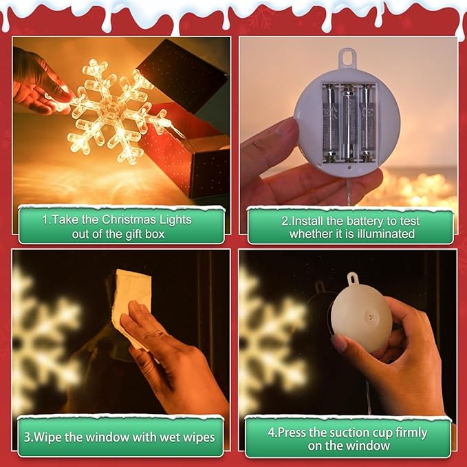 3Pack Christmas Window Lights Decorations with Timer,Battery Powered Christmas Hanging Warm White Lighted Snowflake Shaped LED Sucker for 2026 Xmas Tree Fireplace Indoor Decor
