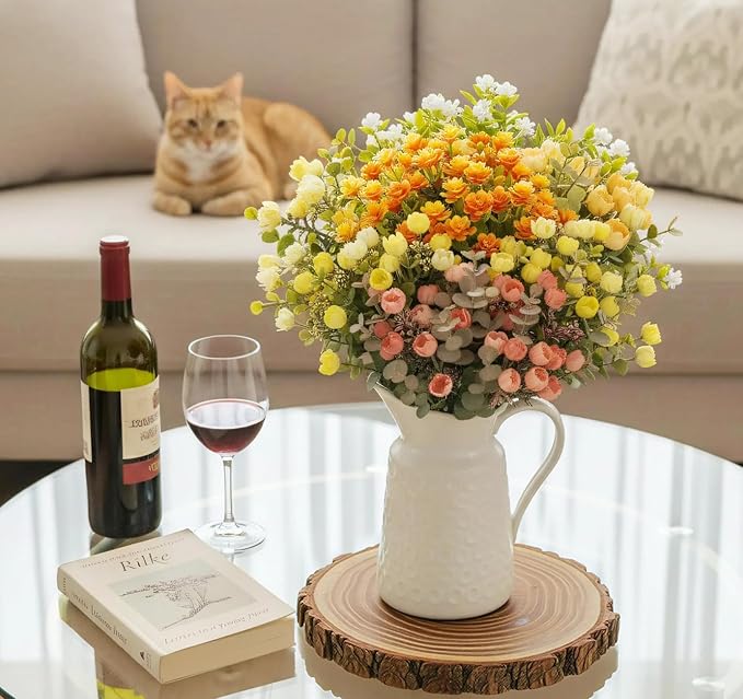 ilauke 7 Bundle Artificial Flowers Outdoor, UV Resistant Fake Flowers in Multicolor, Realistic Faux Flower Roses for Garden Porch Decoration, All Season Fake Plants Bouquet