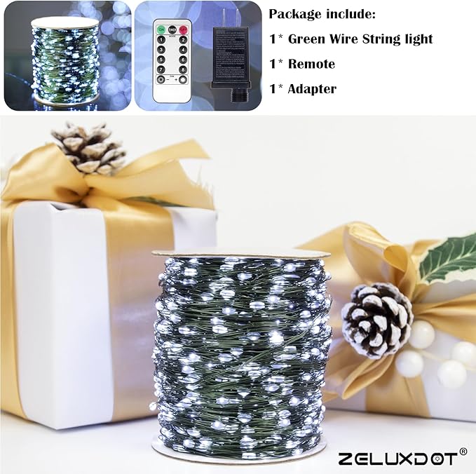 Fairy Lights Plug in,400FT 1200LEDs Waterproof Led String Lights,8 Modes Remote Twinkle Light for Outdoor Indoor Christmas Wedding Birthday Garden Party Decorations,Green Wire,Cool White