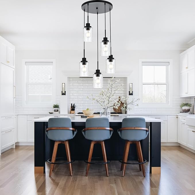 Pendant Light Fixture 5 Light Black Cluster Chandelier Seeded Glass Farmhouse Pendant Lighting for Kitchen Islands, Modern Dining Room House Foyer Entryway Bedroom Living Room Ceiling Lights