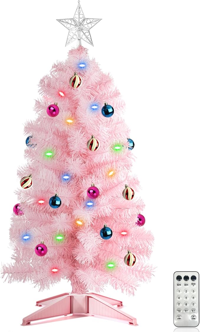 3 Ft Pink Christmas Tree with 12 Modes Timer 50 LED Four Color & Warm Lights DIY 15 Ball Ornaments 3D Star Artificial Xmas Tree for Indoor Home Holiday Party Decoration