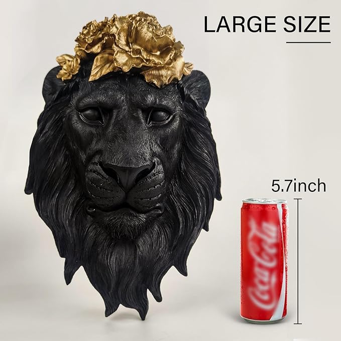 GUSFREUD Black Lion Animal Head Wall Decor – Resin Lion Wall Sculpture, Vintage Black Wall Art for Living Room, Bedroom, Office, Maximalist Home Decor
