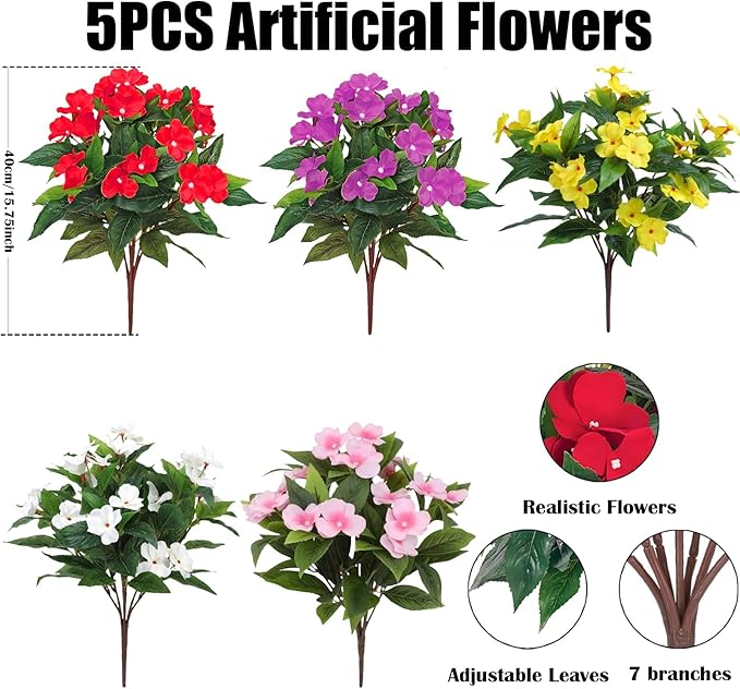 5PCS Artificial Impatiens Bouquet Flowers for Outdoors Silk Faux Flowers Fake Planters UV Resistant Summer Indoor Decor Garden Porch Patio Window Balcony (Mix Pink Red Purple Yellow White)