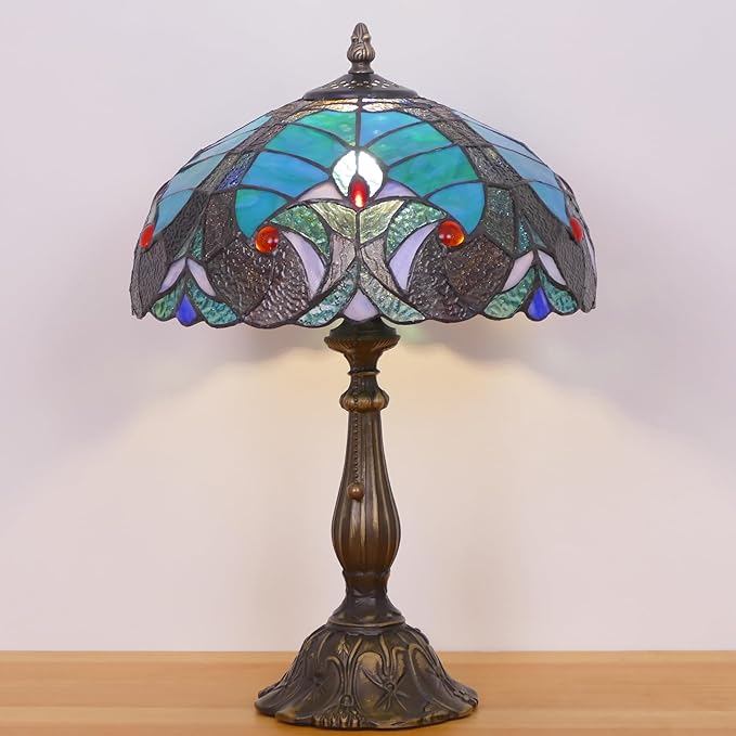 Tiffany Lamp Stained Glass Table Lamp Antique Bedside Reading Light W12H19 Inches (Green Liaison)