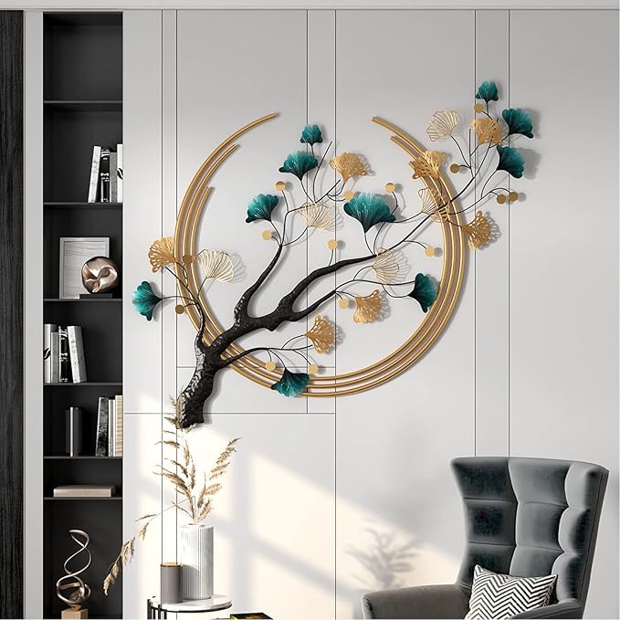 Futyli Large Metal Wall Art - 3D Modern Wall Sculptures, Vertical 53" Ginkgo Leaf Art for Living Room, Dining Room, Bedroom