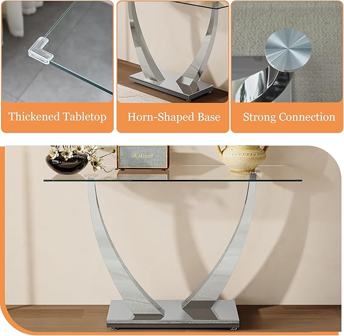 47" Glass Console Table, Modern Rectangular Sofa Table with Tempered Glass Top and Silver Horn-Shaped Stainless Steel Base for Living Room, Entryway, Hallway