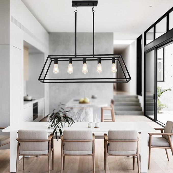 Farmhouse Rectangle Chandeliers for Dining Rooms, Modern Linear Hanging Light Fixture Matte Black 5-Light Industrial Pendant Lighting for Kitchen Island