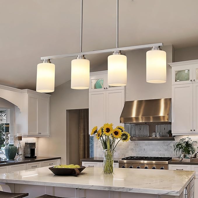 Island Light for Kitchen, Brushed Nickel Dining Room Light Fixture Over Table with Milk Glass Shade, 4-Light Linear Chandelier Pendant Lighting for Dining Table Kitchen Island Living Room