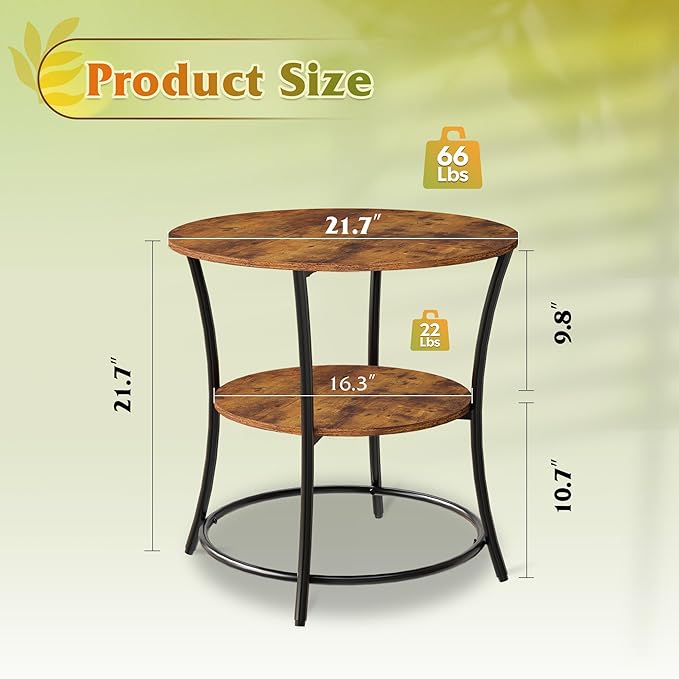 WLIVE Side Table, Round End Table with 2 Storage Shelves for Living Room, Bedroom, Nightstand with Steel Frame for Small Spaces, Accent Coffee Table, Rustic Brown