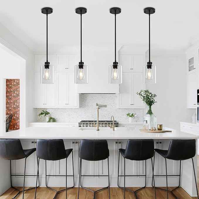 3 Pack Glass Pendant Lights Kitchen Island, Modern Black Pendant Lighting Over Island Hanging Light Fixtures Kitchen Ceiling Lamp Farmhouse Mini Chandeliers for Hallway Entryway Bedroom Dining Room