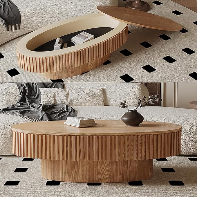 WILLIAMSPACE 47.2" Oval Coffee Table with Storage, Modern Drum Center Table with Solid Wood Veneered, Accent Side Tea Table for Living Room Apartment, Natural Wood