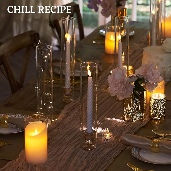 CHILL RECIPE Glass Hurricane Candlestick Holders 14" Tall Cylinder Candle Holder Chimney Tube, Floral Taper Crystal Candle Stick Holder for Birthday Wedding Christmas Home Decor(6Pcs Gold)
