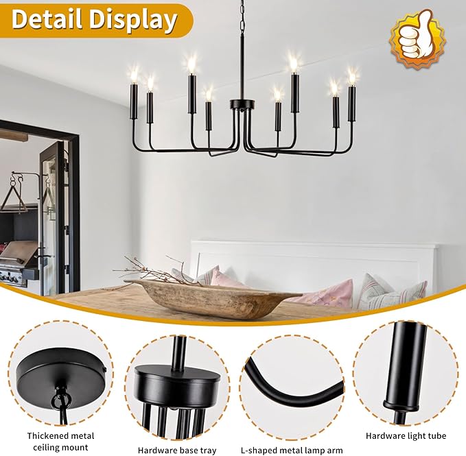 Farmhouse Candle Chandelier, 8 Light Rustic Black Ceiling Pendant Light Fixture, L-Arm Design Industrial Dining Room Hanging Lighting for Living Room, Entryway, Foyer, Kitchen Island