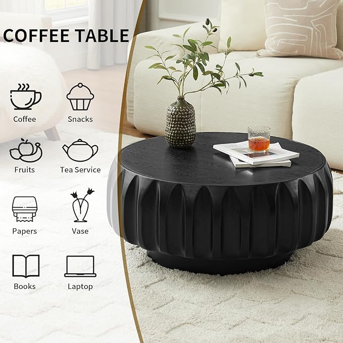 LKTART 31.5" Drum Coffee Table Modern Round Coffee Table Wood Fluted Centry Table with Solid Wood Veneer for Living Room, Easy Assemble, Black