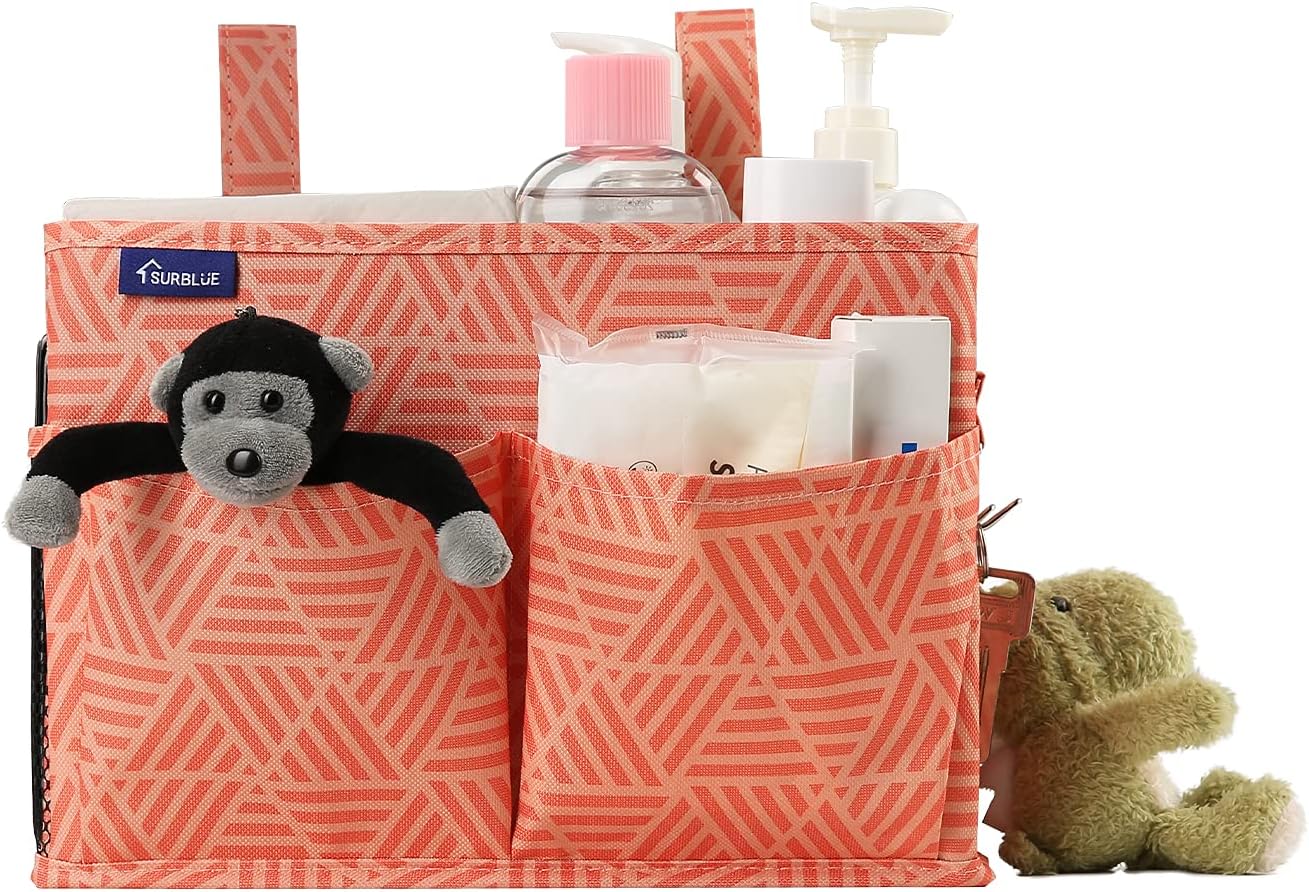 Surblue Bedside Caddy Hanging Bed Organizer Storage Bag Pocket for Bunk and Hospital Beds, College Dorm Rooms Baby Bed Rails,Camp Chiars，Wheelchair Side Bag，4 Pockets and 2 Hooks (Orange Plaid)