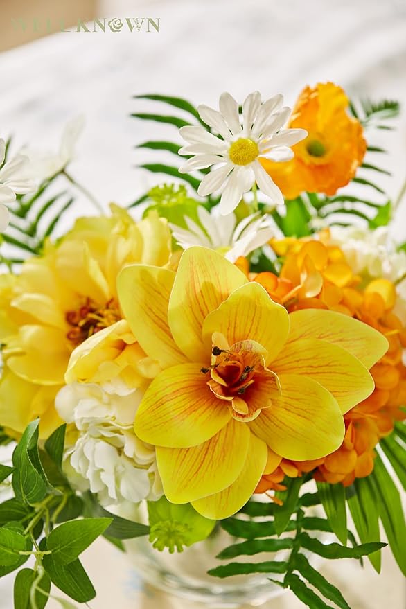 WELL KNOWN Artificial Silk Flowers in Glass Vase for Dining Table Decor, Tropical Orange Orchid Flowers Bouquet Arrangement with Faux Water for Home Office Wedding Party Dining Table Centerpieces Gift