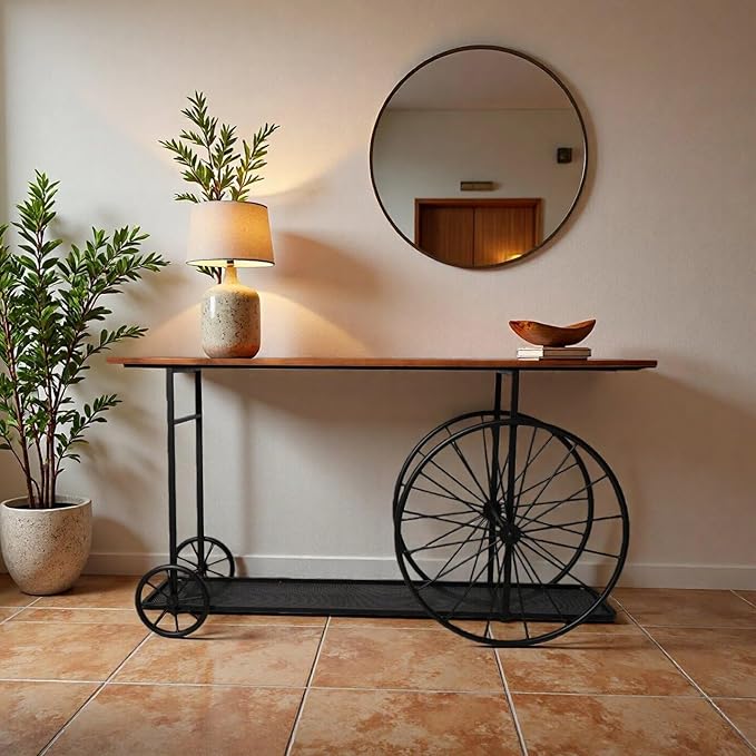 Topower Industrial Style Double Layer Iron Cart Wooden Desktop Center Table, Farmhouse Coffee Table with Wheels for Living Room, Entryway, Coffee Shop, Black