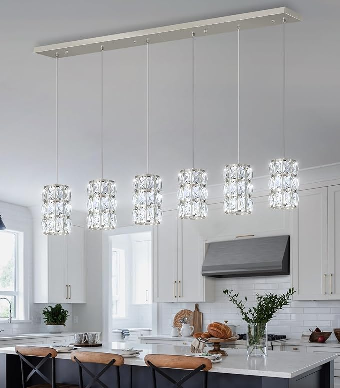 6-Lights Rectangle Modern Crystal Pendant Lights for Kitchen Island LED Dimmable Glam Pendant Lighting Chandelier for Dining Room Hallway Corner Lamp Nickel