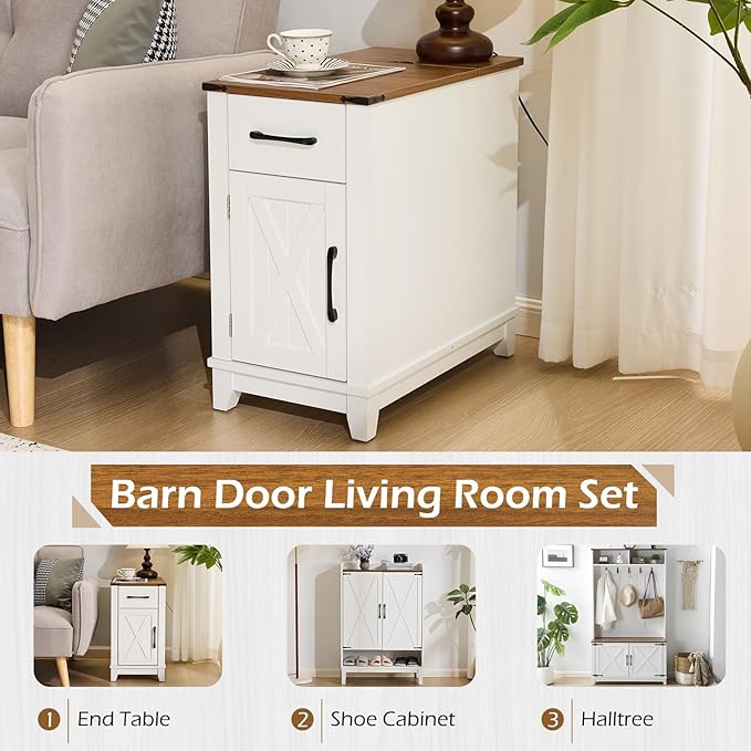 EROMMY Farmhouse End Table with Charging Station, Narrow Side Table for Living Room, Nightstand with Drawer and Storage Cabinet, Adjustable Shelf, White