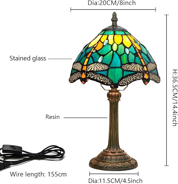 Tiffany Lamp Style Stained Glass Table Lamp Teal Dragonfly Green Bedroom Bedside Light for Office Dorm Bar Decor Retro Unique Cute fun Small Night Light Gift Aesthetic Accent Village Nightstand Lamps