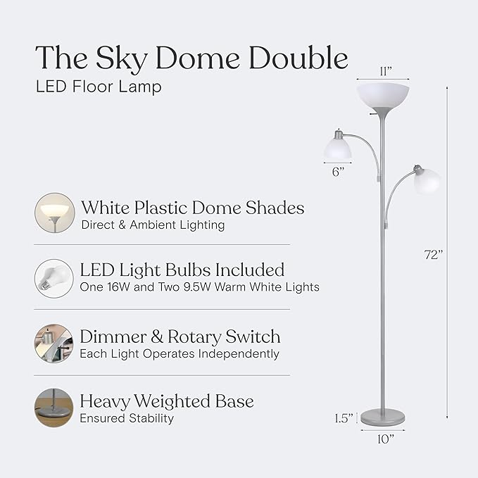 Brightech Sky Dome Double LED Floor lamp, Torchiere Super Bright Floor Lamp with 2 Reading Lamps for Living Rooms & Offices - Dimmable Tall Standing Lamp for Bedroom Reading - Tall Silver Pole