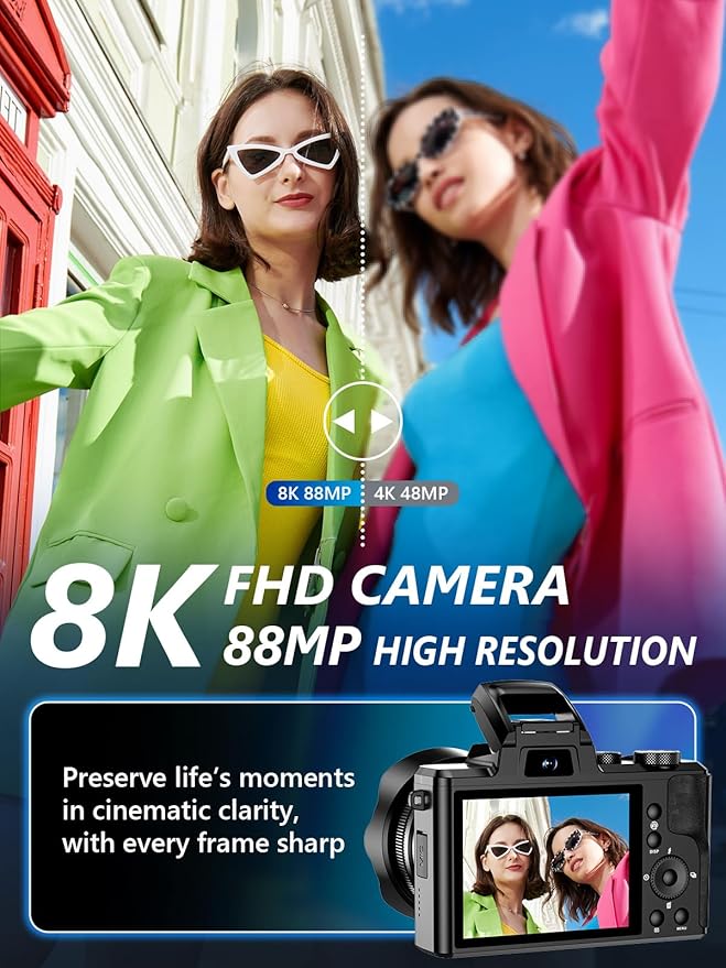8K Digital Camera, 88MP WiFi Cameras for Photography with 3.2" Touchscreen, 16X Zoom Autofocus Vlogging Camera for YouTube Video, Anti-Shake, Dual Camera, 2 Batteries, 64GB Card, Flash, Lens Hood