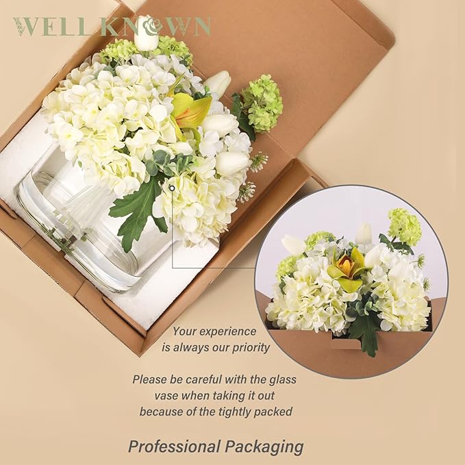 Fake Hydrangea Tulip Flowers in Vase, Artificial Flowers in Vase, Silk Hydrangea Tulip Flowers Dining Table Centerpiece Decorations for Living Room Birthday Wedding Party Decoration & Gift (Green)