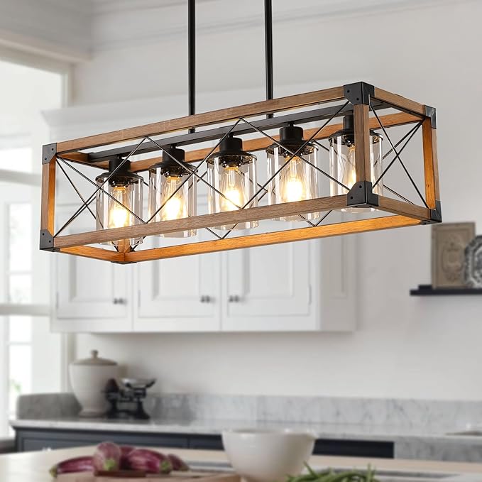 Rustic Hanging Lights Fixture Farmhouse Chandeliers for Dining Room Kitchen Island Light Fixtures 5-Light Wood Chandelier Over Dining Table with Clear Glass Shade-Oak